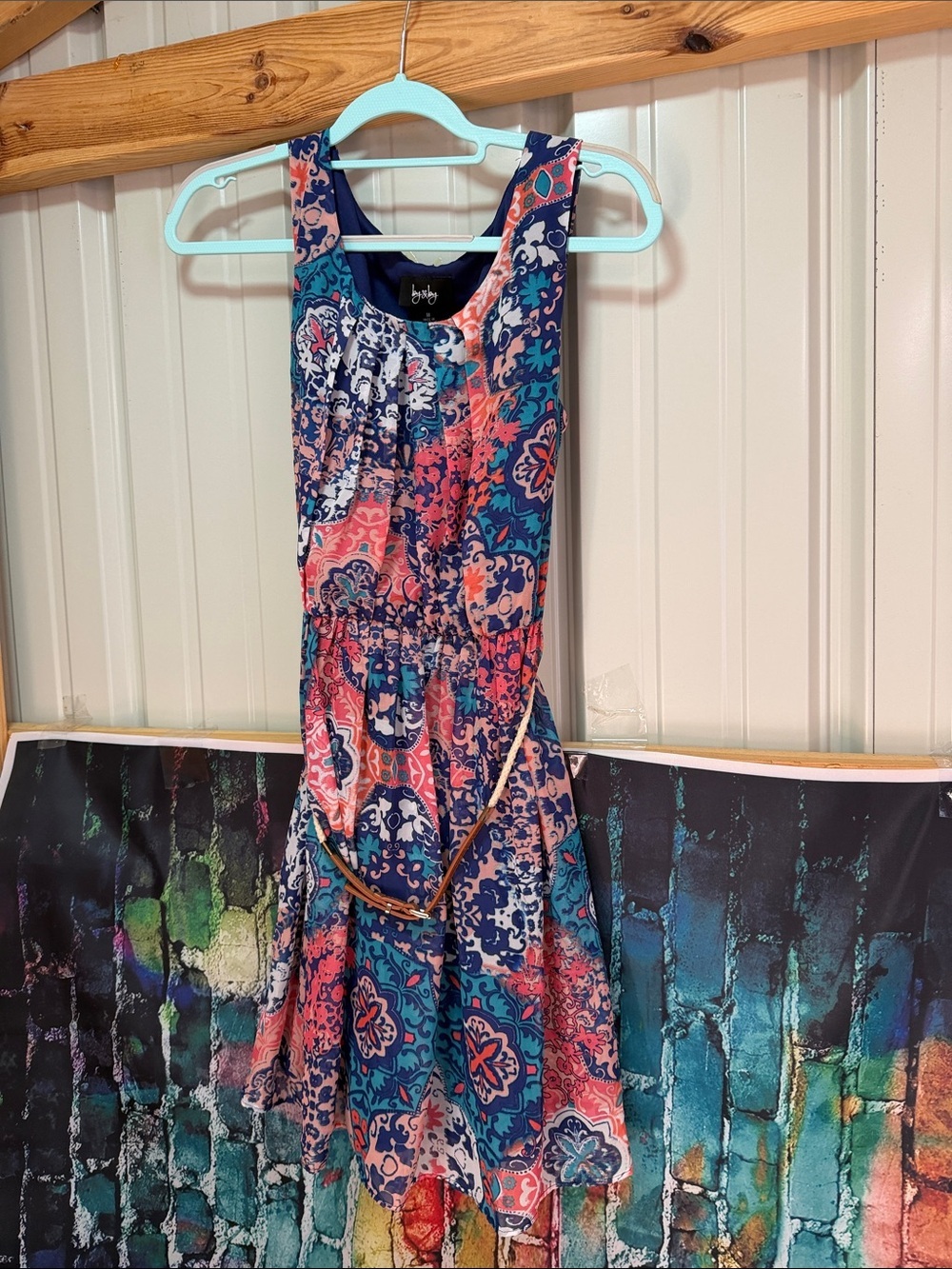 by & by Coral, Teal & Navy Printed Sleeveless Belted Dress